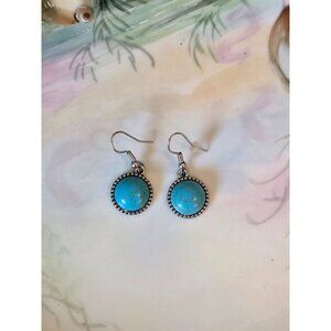 Faux Turquoise Stone Dangle Earrings With Silver Beaded‎ Edge